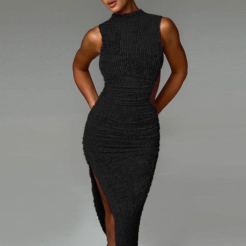 Ladies maxi dress with elegant gathering and side slit Lune London