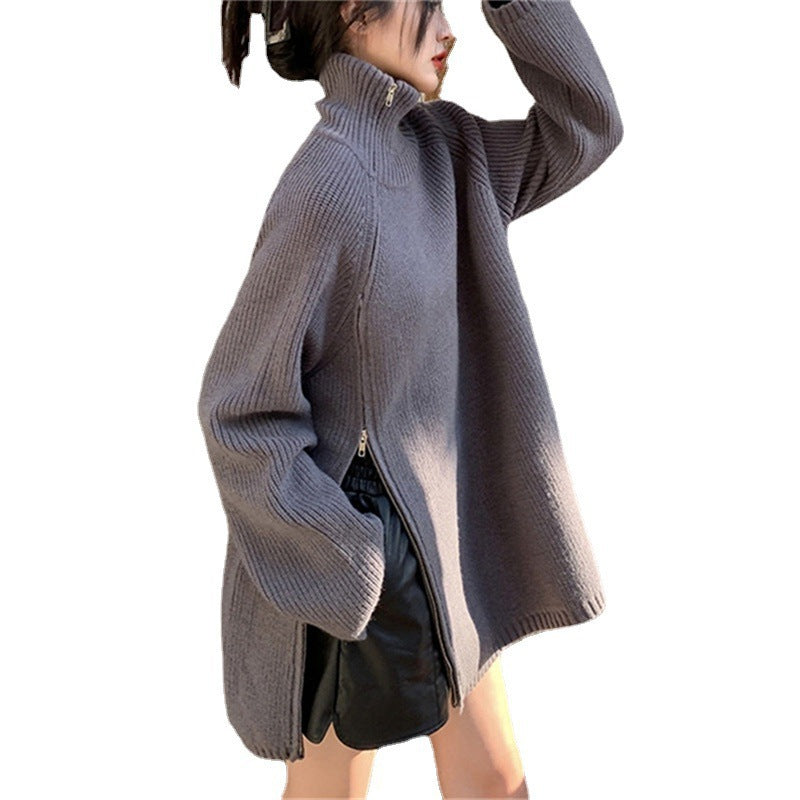 Sweater oversized à col roulé pour femmes avec fermeture éclair latérale et design côtelé Chic & Stil