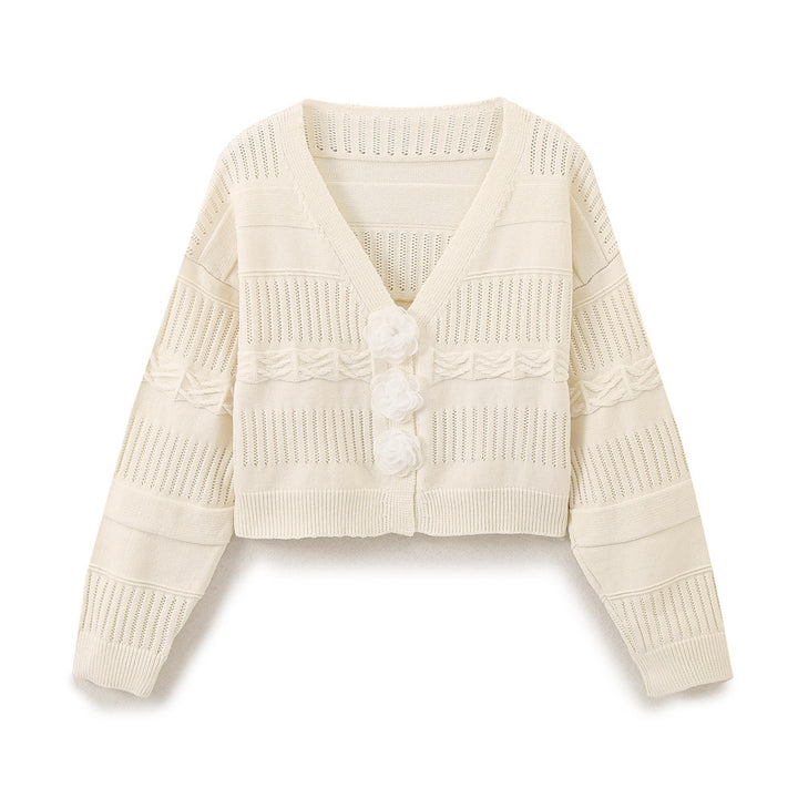 Ladies fashion sweater with romantic floral buttons and casual cut Lune London