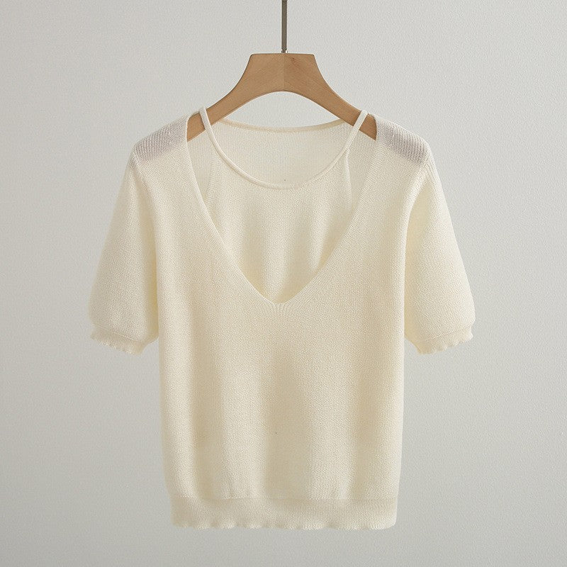 Casual V-neck knitted sweater for women with short sleeves Lune London