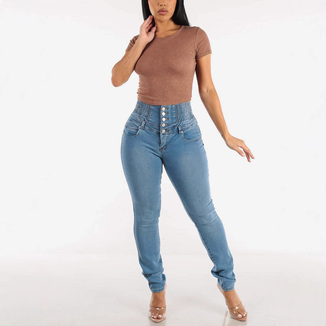 Women High-Waisted Skinny Jeans with Decorative Button Details and Elastic Waistband