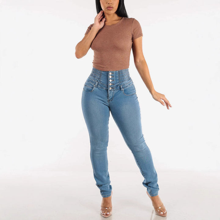 Women High-Waisted Skinny Jeans with Decorative Button Details and Elastic Waistband