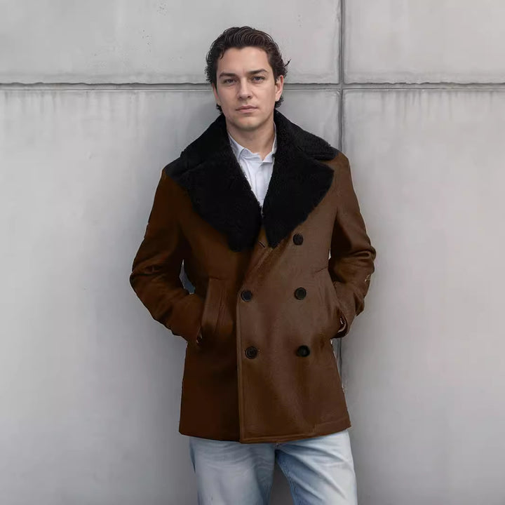 Double-breasted wool coat for men with faux fur collar Lune London