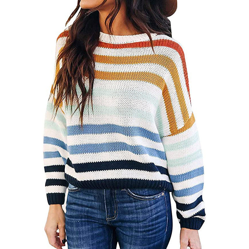 Ladies Casual Knitted Sweater with Chic and Stylish Striped Pattern