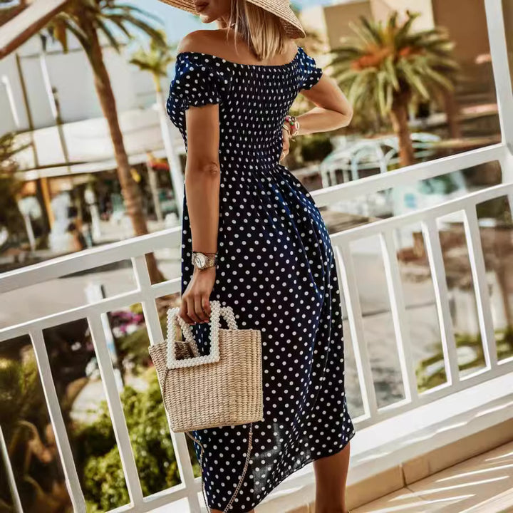 Maxi off-shoulder dress for women with tropical leaves Lune London