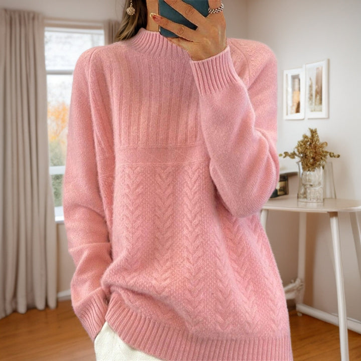 Knitted sweater for women with creative twisted pattern and high collar Lune London