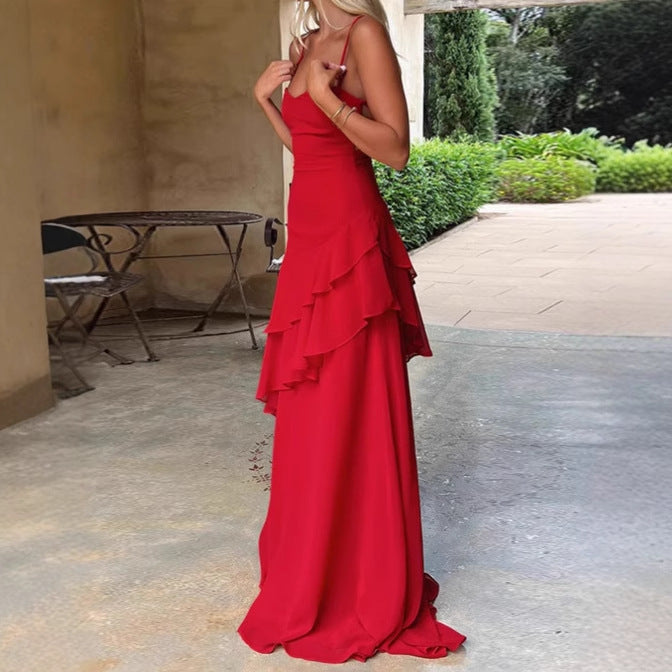 Elegant maxi dresses for women with asymmetrical ruffled hem and spaghetti straps Lune London