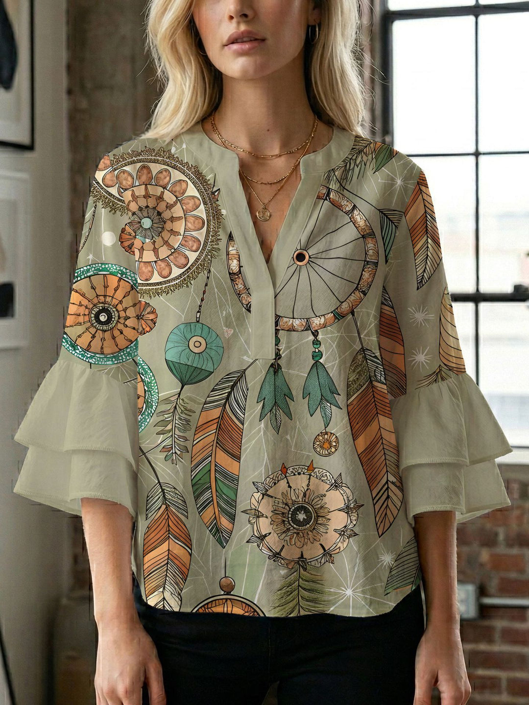Women's blouse shirt with voluminous sleeves and creative print design Lune London