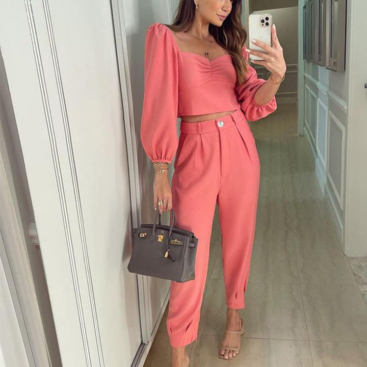 Two-piece outfit for women with puff sleeves and elegant high-waisted pants Lune London
