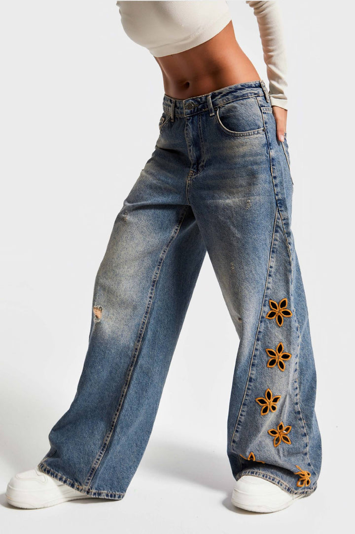 Women wide jeans with floral embroidery design Lune London