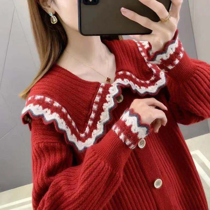Knitted jacket for women with decorative collar and large buttons Lune London