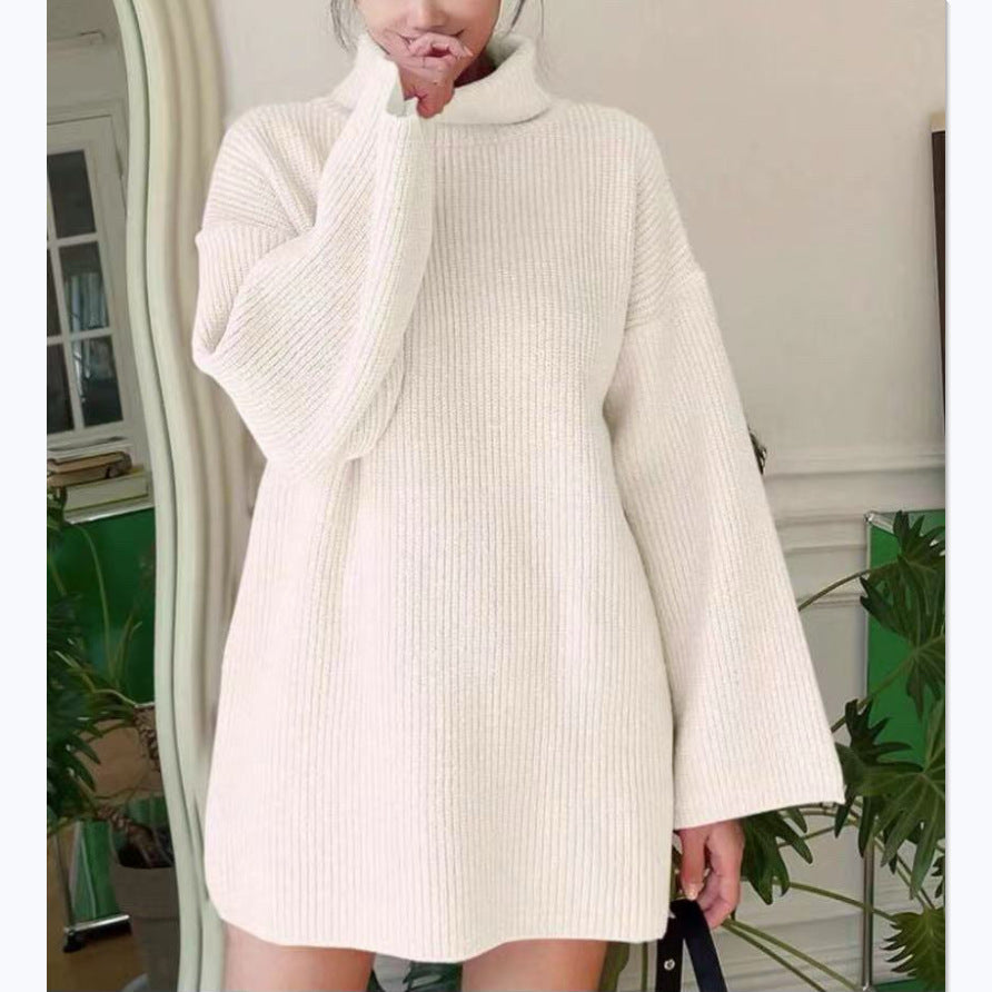 Ladies Long Knit Sweater with High Collar and Flared Sleeves Lune London