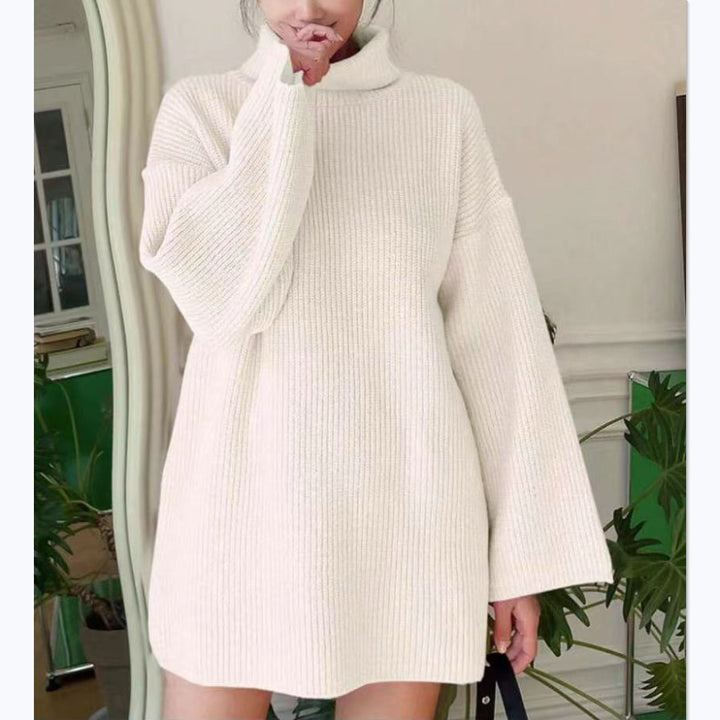 Ladies Long Knit Sweater with High Collar and Flared Sleeves Lune London