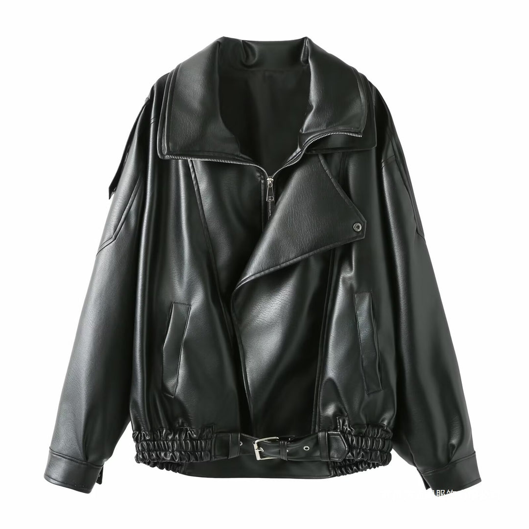 Ladies elegant faux leather jacket with high collar and belt at the waist Lune London