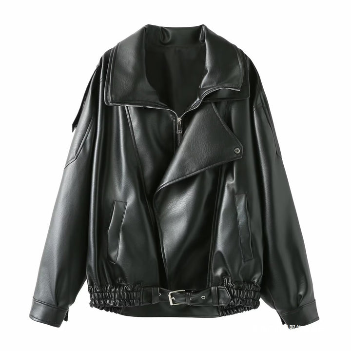 Ladies elegant faux leather jacket with high collar and belt at the waist Lune London