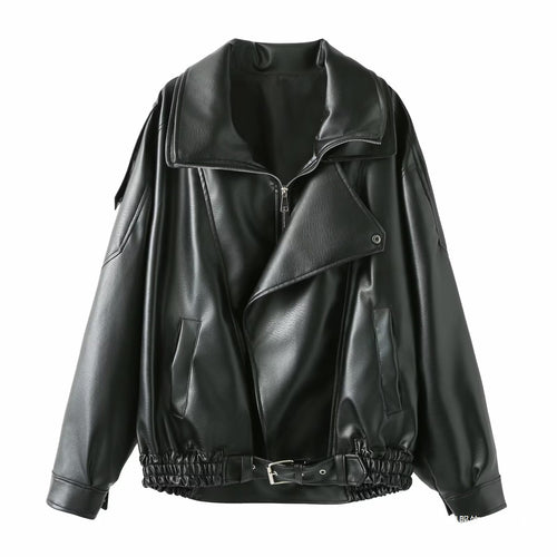 Ladies elegant faux leather jacket with high collar and belt at the waist Lune London