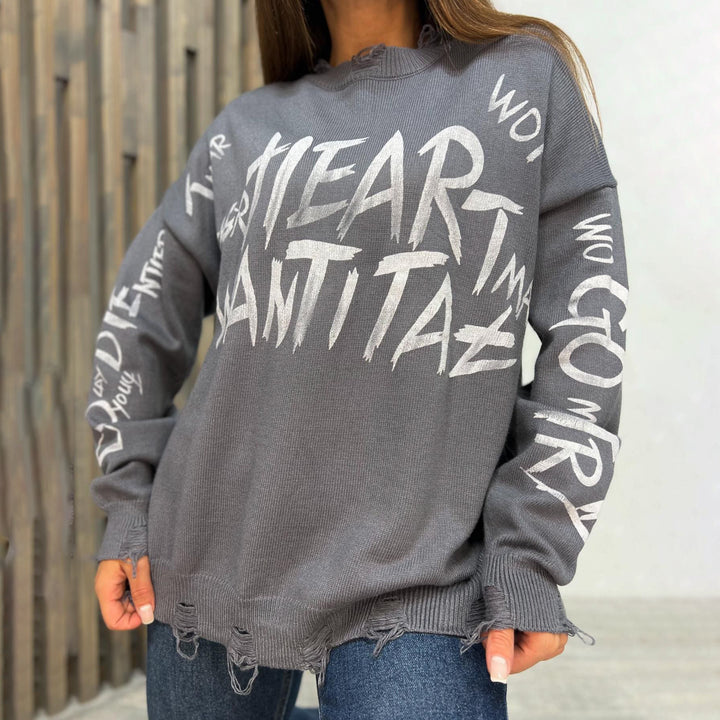 Oversized sweatshirt for women with creative inscription and trendy ripped details Lune London