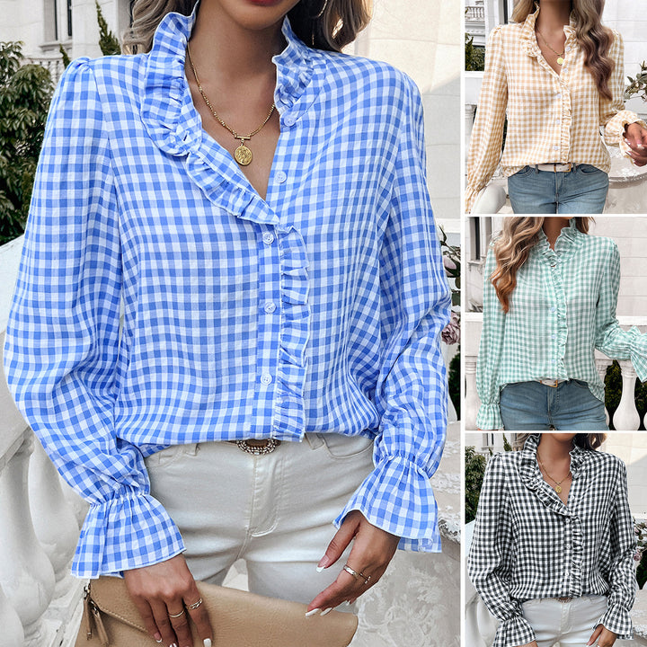 Checked blouse for women with ruffle details and a button placket Lune London