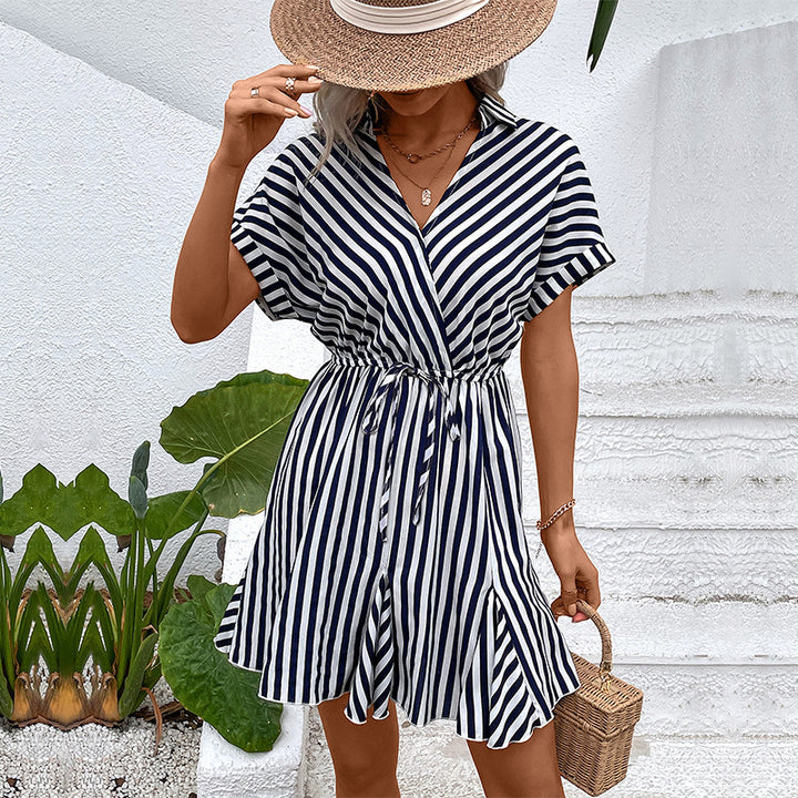 Striped wrap dress for women with adjustable cinch at the waist Lune London