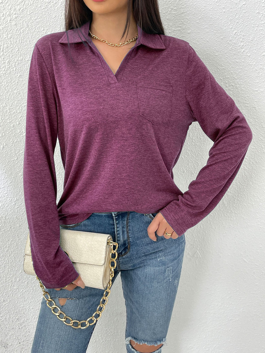 Long-sleeve blouse for women with modern collar and chest pocket Lune London