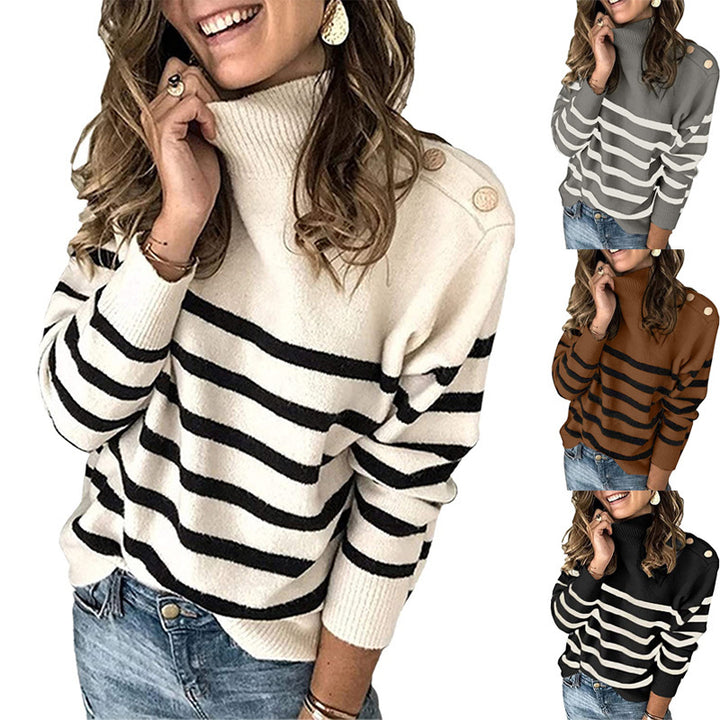 Women's high collar sweater with striped pattern and decorative buttons Lune London