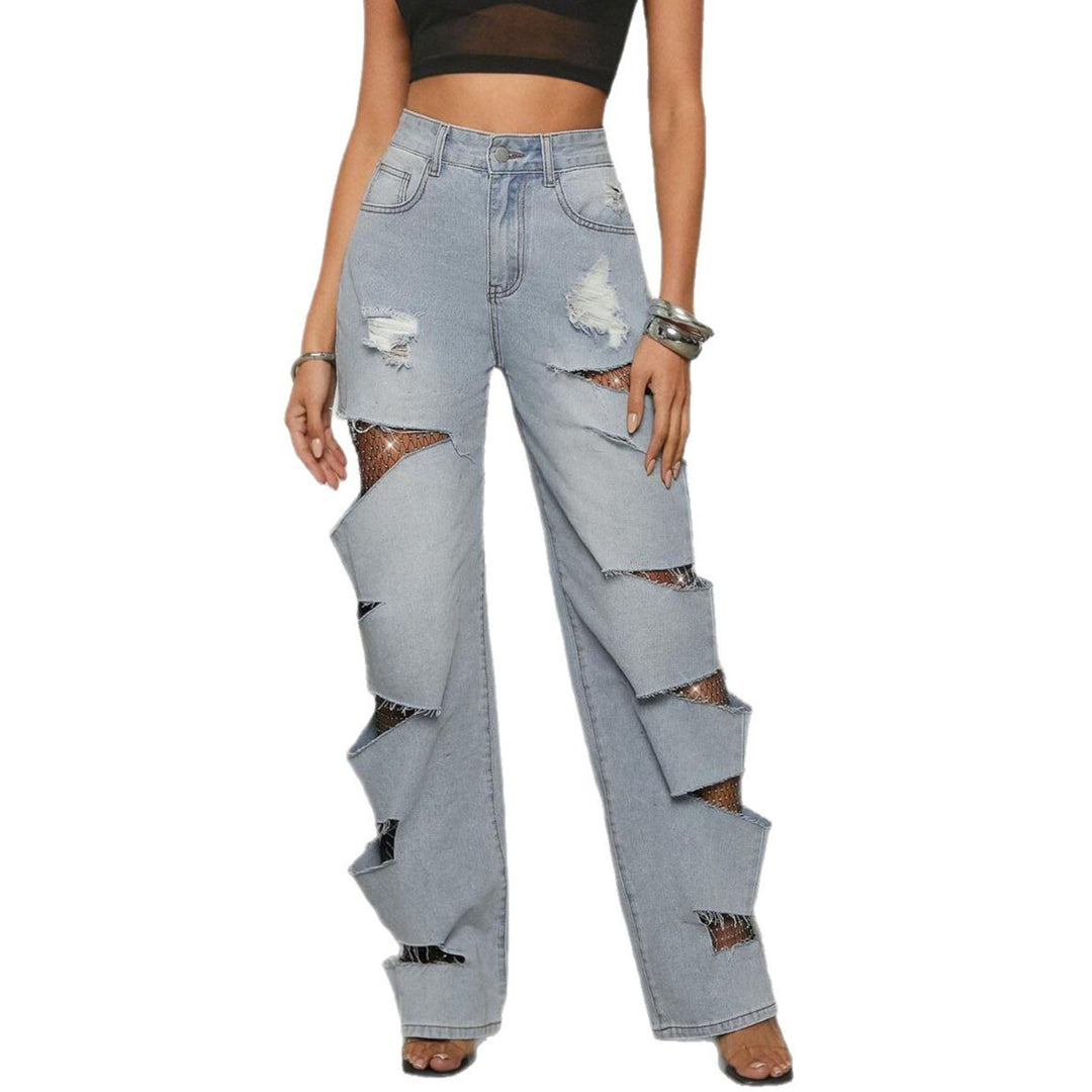 Ladies wide-leg jeans with refined cutouts and mesh details Lune London