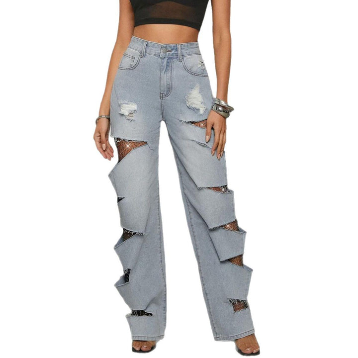 Ladies wide-leg jeans with refined cutouts and mesh details Lune London