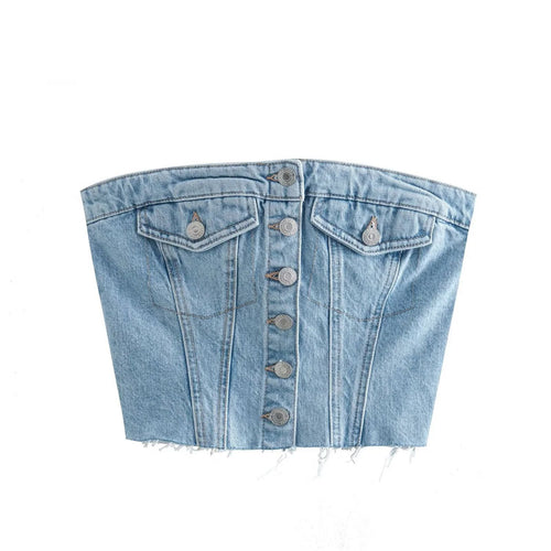 Women's Denim Bustier Top with Button Placket and Figure-Hugging Cut Lune London