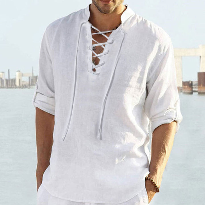 Airy linen shirt for men with decorative lace-up closure Lune London