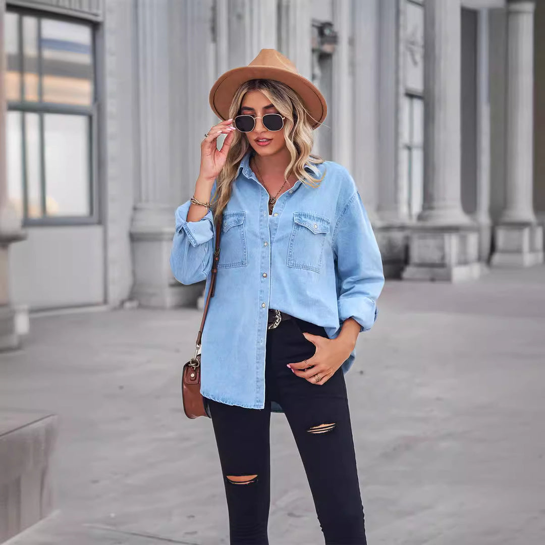 Casual women's denim jacket with patch pockets and Lune London button details