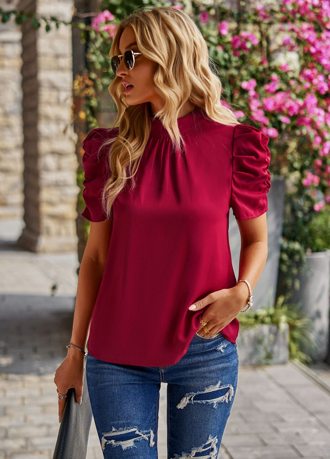 Ladies Elegant top with puffed sleeves gathered Lune London