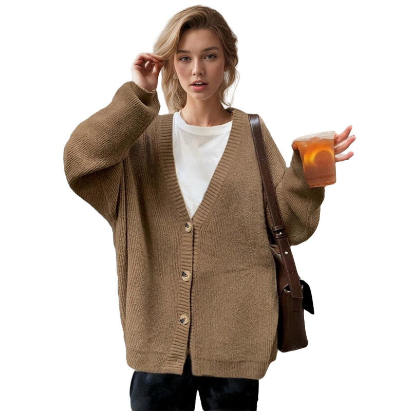 Ladies' oversized knit cardigan with deep V-neck and large buttons Lune London