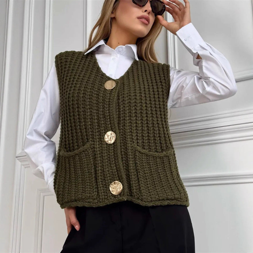 Knitted ladies' vest with golden buttons and pockets Lune London