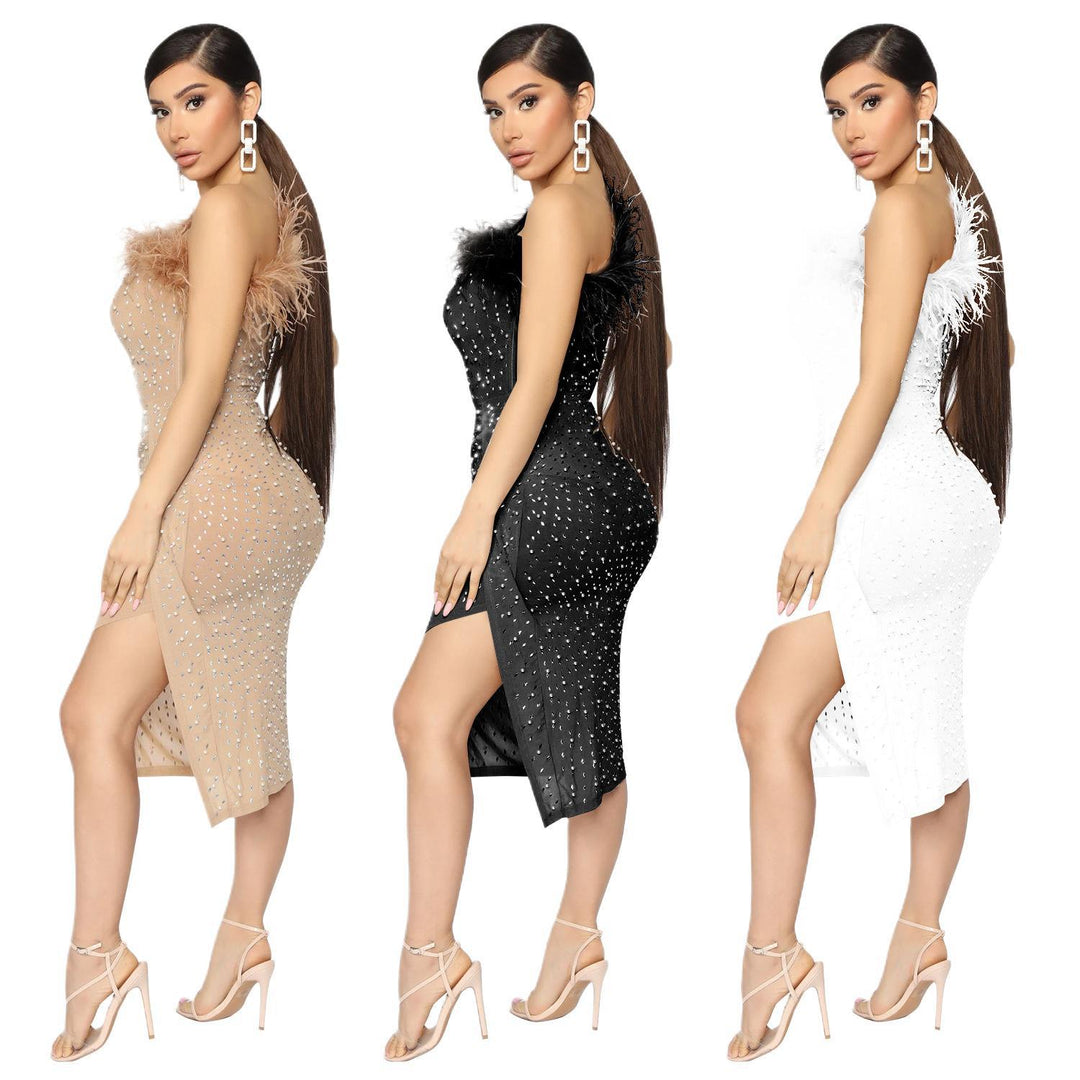Lune London midi one-shoulder sequin dresses for women with feather details