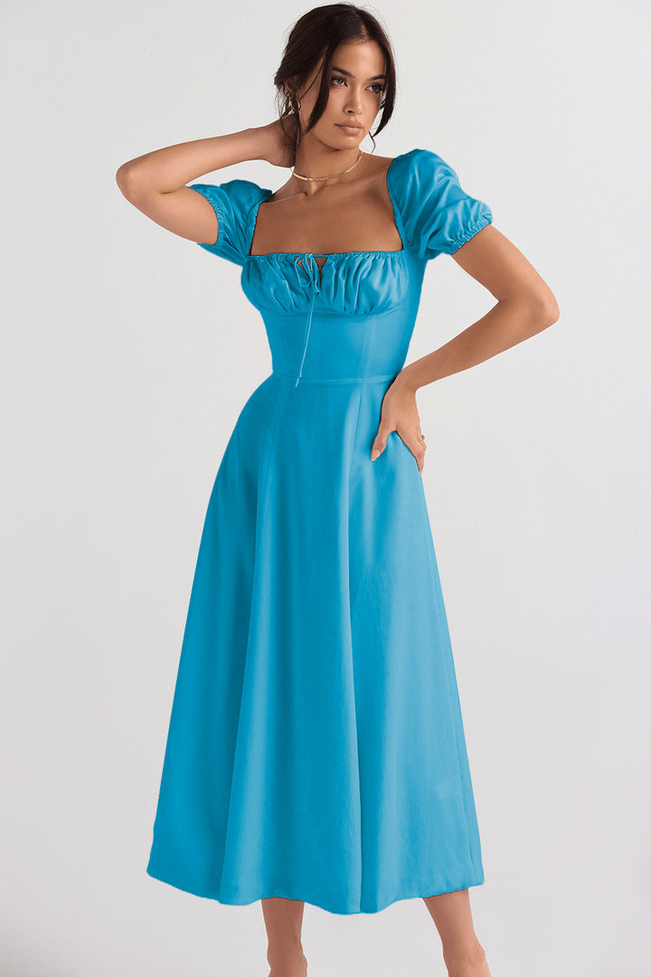 Elegant Midi Dress for Women with Puff Sleeves and Chic Refined Neckline & Style
