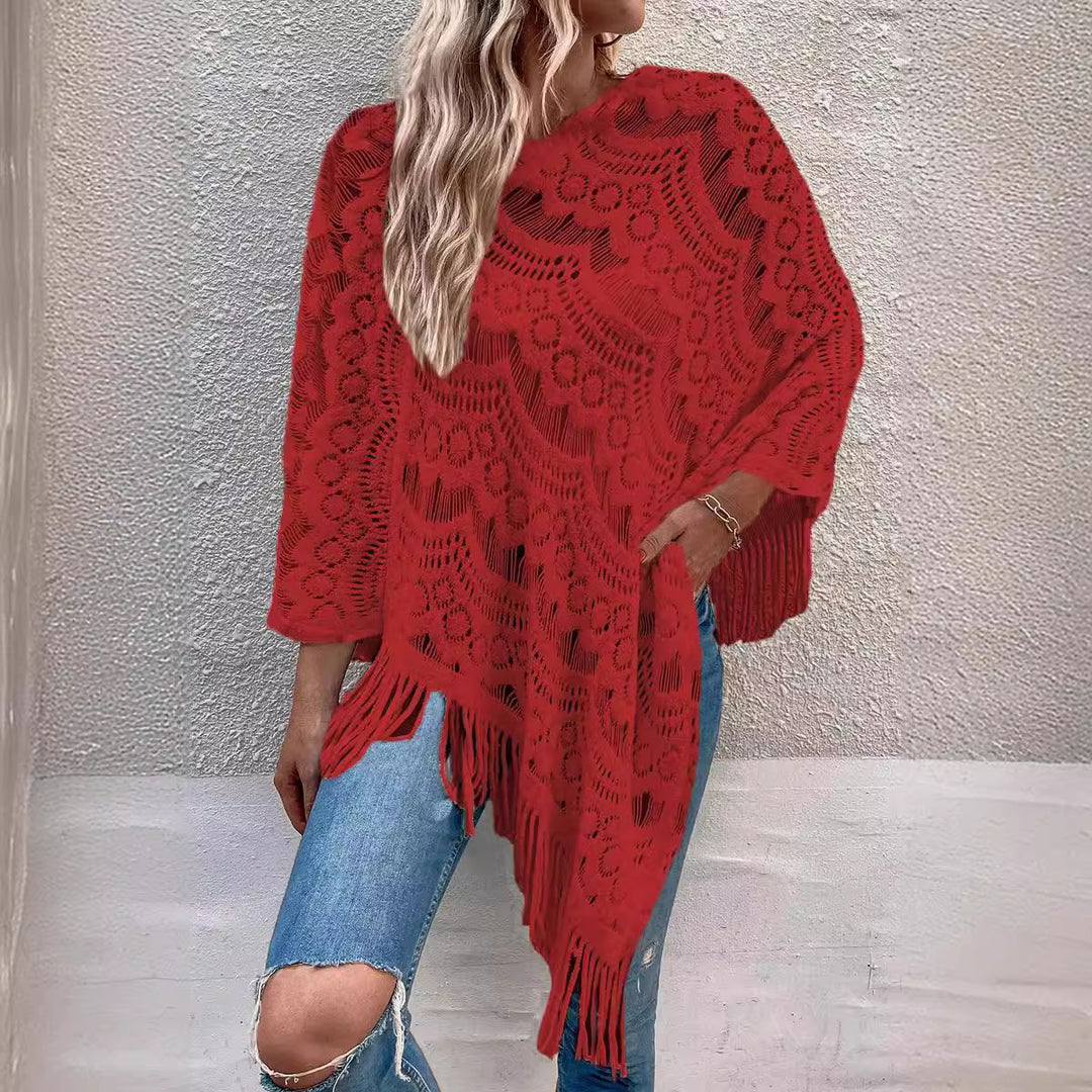 Knit poncho for women with an eye-catching crochet pattern and fashionable fringes Lune London