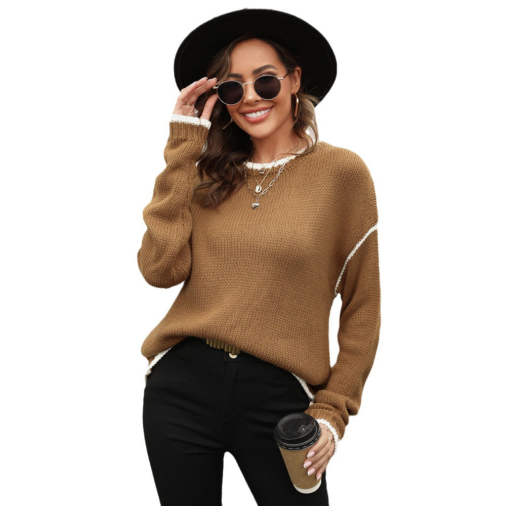 Pull en tricot décontracté pour femmes avec bord contrastant et tissu doux texturé Chic & Stil