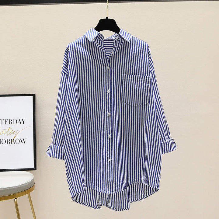 Women Striped Oversized Shirt with Longer Back and Practical Chest Pocket Lune London