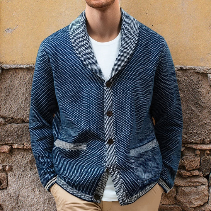 Men's knitted jacket with elegant button details and a wide shawl collar Lune London