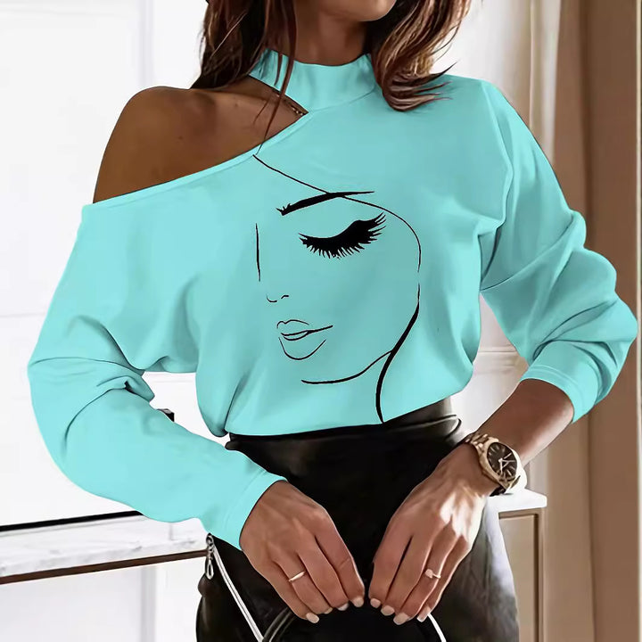 Ladies Oversized Sweatshirt with Off-Shoulders and Chic Elegant Print