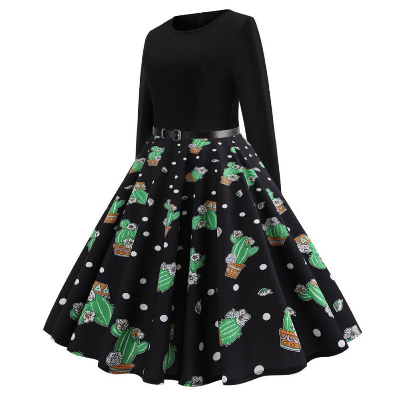 Robe swing pour femmes avec design floral de cactus et jupe évasée Chic & Stil