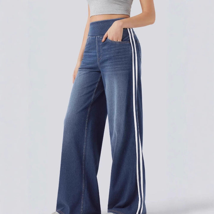 Wide denim pants for women with side stripe and high waist Lune London
