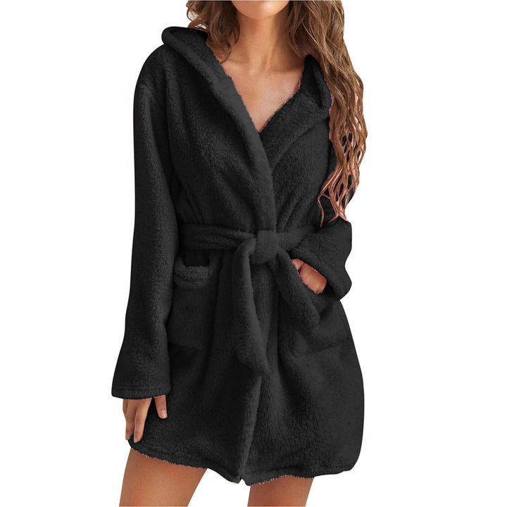 Women’s cozy fleece bathrobe with hood and belt Lune London