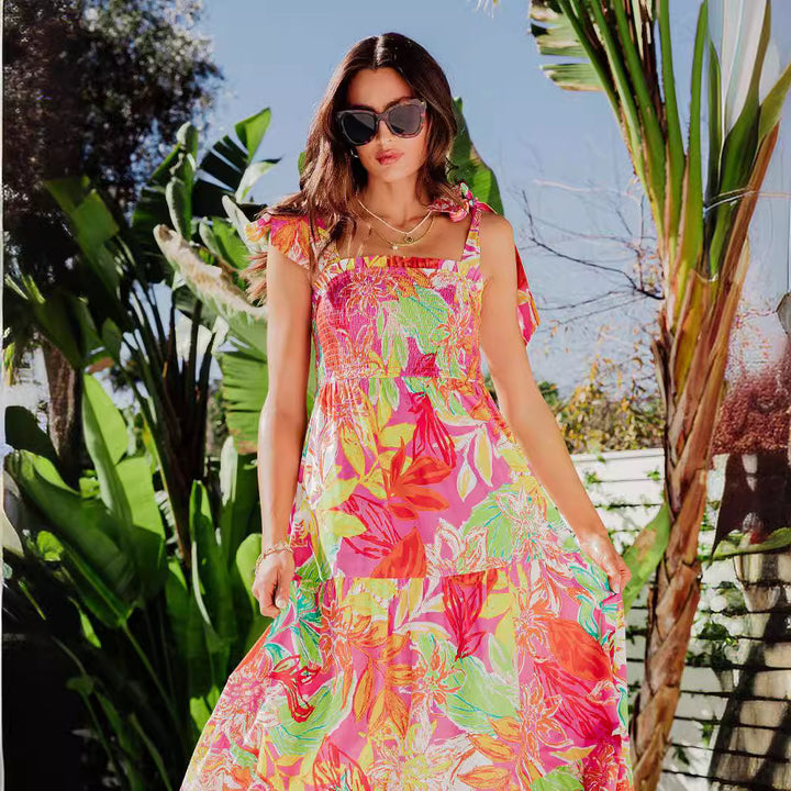 Maxi dress for women with tropical leaf print Lune London