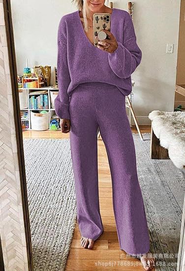 Dames Ensemble tricot confortable avec décolleté en V et jambe large Lune London