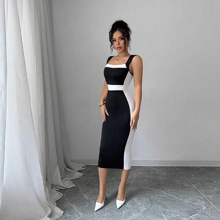 Robe midi ajustée pour femme avec coupe tendance contrastante et bretelles fines Chic & Stil
