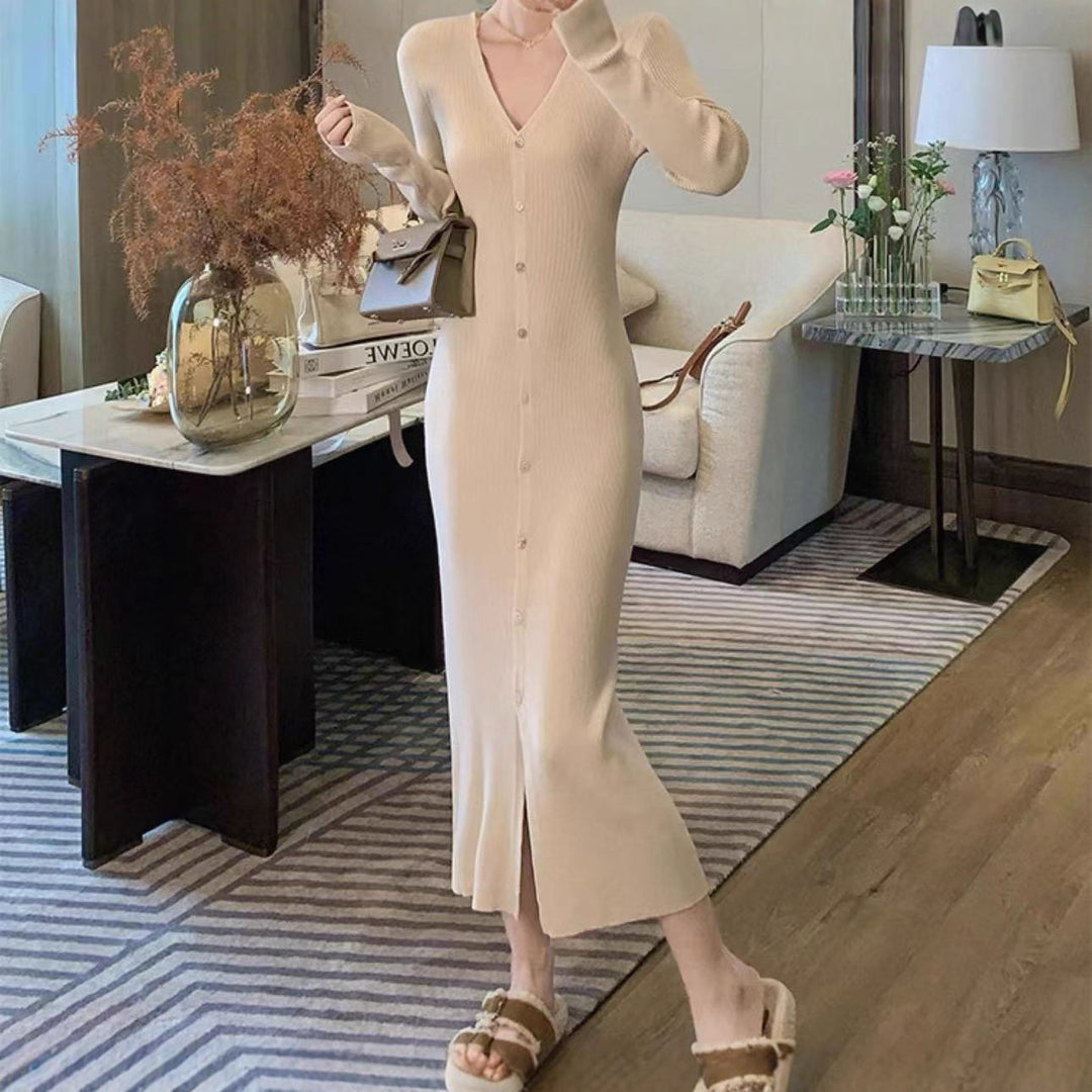 Ladies Elegant Maxi Dress with Button Details and Chic V Neckline and Style