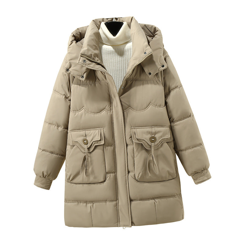 Ladies Long Puffer Jacket with practical hood collar and large pockets Lune London