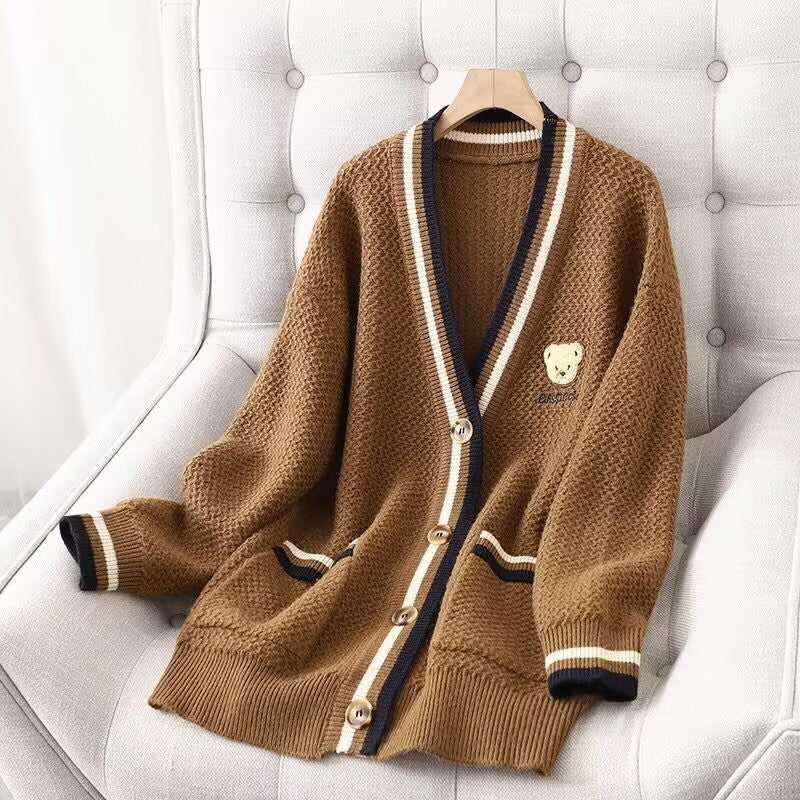 Knitted jacket for women with bear pattern and contrasting stripes Lune London