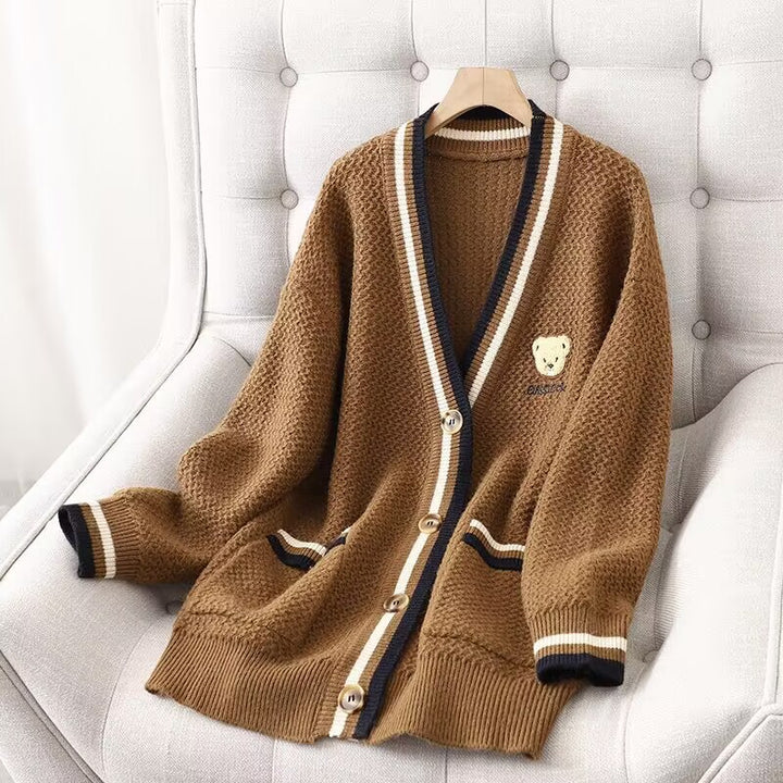 Knitted jacket for women with bear pattern and contrasting stripes Lune London